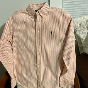 Boys Ralph Lauren Peach and White Striped Shirt 100% thick cotton
